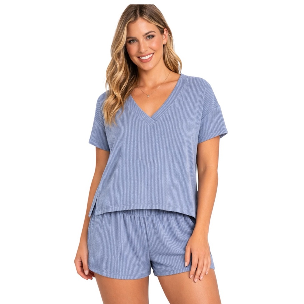 Tres Bien Blue Ribbed Lounge Set Oversized Top and Matching Casual Shorts Size M